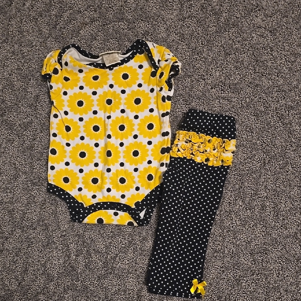 Yellow Floral Baby Onesie and Polka Dot Pants Set